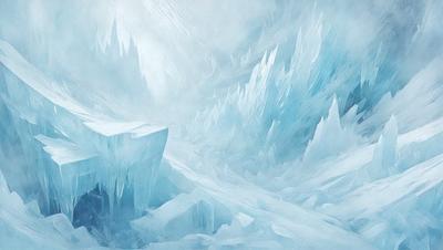 The primary subject of the image is a large, icy mountain with a blue tint. The setting is a snowy, icy landscape with a mountain range in the background. The visual style is a digital art or illustration, creating a sense of depth and intricacy in the scene. The dominant colors are blue and white, giving the image a cold and icy atmosphere.