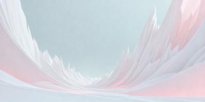 The primary subject of the image is a mountainous landscape with a pink and white color scheme. The setting is a snowy mountain range, and the visual style is a digital art or illustration. The dominant colors are pink and white, creating a serene and peaceful atmosphere.