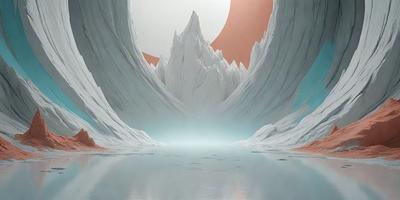The primary subject of the image is a large, white, and rocky mountain with a moon in the background. The mountain is situated in a blue and white landscape, giving it a serene and majestic appearance. The visual style of the image is digital art, which adds a sense of depth and realism to the scene. The dominant colors in the image are blue, white, and grey, creating a calm and peaceful atmosphere.