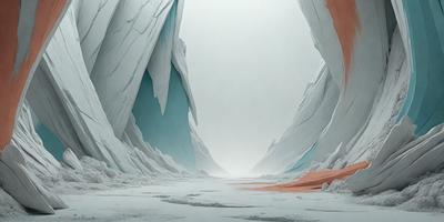 The primary subject of the image is a large, snow-covered mountain with a blue and white color scheme. The setting is a snowy landscape, and the visual style is a digital art or illustration. The dominant colors are blue and white, creating a cold and icy atmosphere.