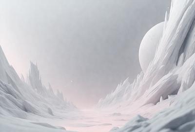 The primary subject of the image is a large white planet with a small white moon in the background. The setting is a snowy, icy landscape with a rocky terrain. The visual style is a digital art or illustration, creating a surreal and otherworldly atmosphere. The dominant colors are white and gray, giving the scene a cold and desolate mood.