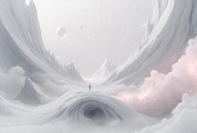 The primary subject of the image is a person standing on a snowy mountain. The setting is a snowy landscape with a mountainous background. The visual style is digital art, as the person appears to be a digital illustration. The dominant colors are white and gray, creating a cold and snowy atmosphere.