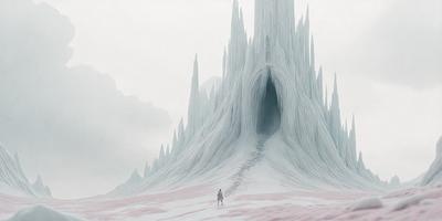 The primary subject of the image is a person standing in front of a large, snow-covered mountain. The setting is a snowy landscape, and the visual style appears to be a combination of digital art and illustration. The dominant colors in the image are white and gray, creating a cold and icy atmosphere.