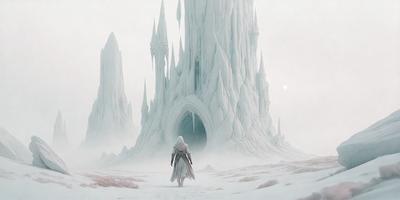 The primary subject of the image is a person walking in a snowy landscape. The person is wearing a white robe and appears to be a woman. The setting is a snowy mountain with a castle-like structure in the background. The visual style of the image is digital art, and the dominant colors are white and gray, creating a serene and cold atmosphere.