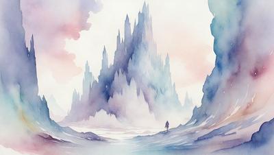 The primary subject of the image is a person walking in a snowy landscape. The setting is a snowy mountain with a castle in the background. The visual style is a watercolor painting, giving the scene a soft and dreamy atmosphere. The dominant colors are shades of blue, white, and gray, which contribute to the cold and wintry mood of the image.