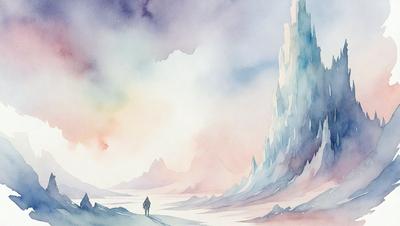 The primary subject of the image is a person walking on a snowy path. The setting is a snowy mountain landscape, with a large rock formation in the background. The visual style is a watercolor painting, giving the scene a soft and artistic appearance. The dominant colors are shades of blue, white, and gray, creating a cold and serene atmosphere.