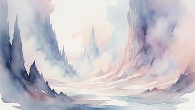 The primary subject of the image is a mountainous landscape with a castle-like structure in the background. The setting is a mountainous area with a body of water, possibly a lake, in the foreground. The visual style is a watercolor painting, which gives the image a vibrant and artistic appearance. The dominant colors are shades of blue, purple, and pink, creating a serene and dreamy atmosphere.