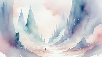 The primary subject of the image is a person walking down a path in a mountainous area. The setting is a rocky landscape with a mountain range in the background. The visual style is a watercolor painting, giving the scene a vibrant and artistic appearance. The dominant colors are shades of blue, purple, and white, creating a serene and peaceful atmosphere.