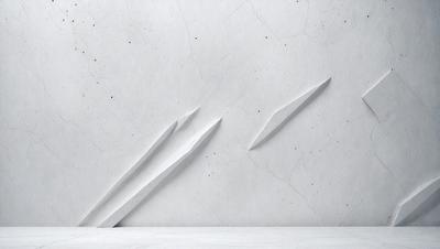 The primary subject of the image is a white marble wall with a design that resembles a pair of scissors. The setting is a white room, and the visual style appears to be a digital art or illustration. The dominant colors are white and gray, creating a clean and minimalist atmosphere.