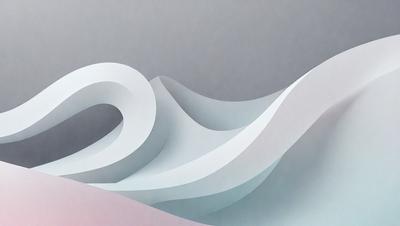 The primary subject of the image is a large, curved, and colorful sculpture made of paper. The sculpture is displayed on a gray surface, which serves as the setting or background. The visual style of the image is a combination of digital art and illustration, as it is a three-dimensional representation of a wave. The colors and mood of the image are vibrant and dynamic, with the sculpture's colors contrasting against the gray background.