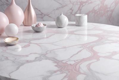 The primary subject of the image is a dining table with a marble top. The table is set with various items, including a bowl, a vase, and a cup. The setting appears to be a dining area, and the visual style is a photo. The colors and mood of the image are predominantly pink, creating a warm and inviting atmosphere.