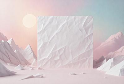 The primary subject of the image is a large, white square or block, which appears to be made of paper. The setting is a pink background, giving the scene a warm and inviting atmosphere. The visual style is a combination of photo and digital art, as the paper block appears to be a real object, yet the pink background and the overall composition suggest a digital artwork. The colors and mood of the image are predominantly pink, creating a sense of warmth and softness.