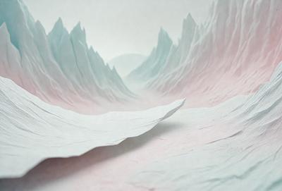 The primary subject of the image is a mountainous landscape, with a mountain range in the background. The setting is a pink and white paper, which serves as the background. The visual style is a combination of digital art and illustration, creating a unique and artistic representation of the mountain range. The colors and mood of the image are predominantly pink and white, giving it a soft and delicate appearance.