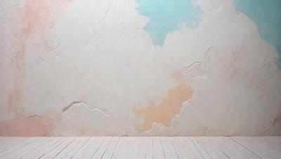 The primary subject of the image is a white wall with a colorful mural painted on it. The mural features a combination of blue, pink, and yellow colors, creating a vibrant and lively atmosphere. The setting is a room with a wooden floor, which serves as the background for the wall art. The visual style of the image is a mix of digital art and illustration, showcasing the intricate details of the mural.