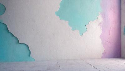 The primary subject of the image is a white wall with a blue tint. The setting is a room with a cement floor. The visual style is a photo, and the colors and mood are predominantly white and blue, creating a calm and serene atmosphere.