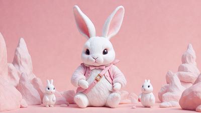 The primary subject of the image is a white stuffed bunny rabbit. The setting is a pink background, which creates a warm and inviting atmosphere. The visual style is a photo, capturing the details of the stuffed animal. The colors and mood are predominantly pink, giving the scene a soft and gentle feel.