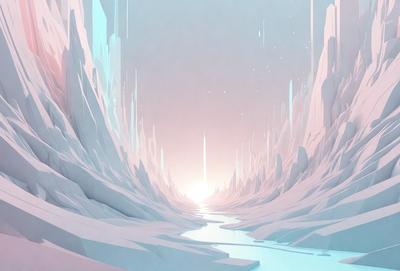 The primary subject of the image is a river flowing through a mountainous landscape. The setting is a futuristic, digital art environment with a pink and blue color scheme. The visual style is a combination of digital art and illustration, creating a unique and captivating scene. The overall atmosphere is serene and inviting, with the river flowing through the mountains and the sky above creating a sense of depth and dimension.