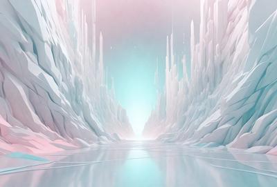 The primary subject of the image is a large, snowy mountain with a blue sky in the background. The setting appears to be a futuristic, digital art environment. The visual style is a combination of photo and digital art, creating a unique and captivating scene. The dominant colors are blue and white, giving the image a serene and icy atmosphere.