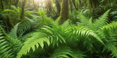 The primary subject of the image is a dense forest filled with green ferns and plants. The setting is a lush, green environment with trees and foliage surrounding the viewer. The visual style is a natural, outdoor scene with a focus on the plants and their surroundings. The colors and mood are predominantly green, creating a serene and peaceful atmosphere.