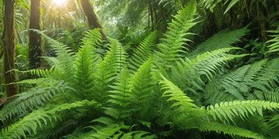 The primary subject of the image is a dense forest filled with green ferns and plants. The setting is a lush, green environment with trees and plants surrounding the area. The visual style of the image is a photo, capturing the natural beauty of the forest. The dominant colors in the image are green, which creates a serene and peaceful atmosphere.