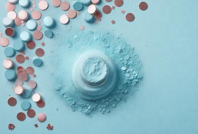 The primary subject of the image is a blue powder, which is the main focus of the scene. The setting is a blue surface, possibly a table or a wall. The visual style of the image is a close-up of the blue powder, showcasing its texture and color. The dominant colors in the image are blue and white, creating a calm and serene atmosphere.