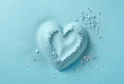The primary subject of the image is a heart-shaped object made of powdered sugar. The heart is placed on a blue surface, which could be a table or a wall. The visual style of the image is a close-up, focusing on the heart and its details. The colors in the image are predominantly blue, which gives the scene a calm and serene atmosphere.
