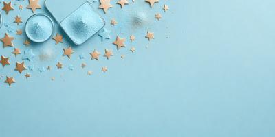 The primary subject of the image is a container filled with blue stars. The container is placed on a blue background, which creates a visually appealing contrast. The visual style of the image is a combination of photo and digital art, as the blue stars are arranged in a pattern that resembles a starry night sky. The overall atmosphere of the image is bright, cheerful, and whimsical, with the blue stars adding a touch of playfulness to the scene.