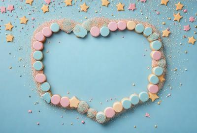 The primary subject of the image is a heart-shaped arrangement of candy, cookies, and stars. The heart is made up of various candy pieces, including stars and other shapes, all placed together to create a visually appealing and playful display. The setting is a blue background, which adds a vibrant and lively touch to the scene. The visual style of the image is a combination of digital art and illustration, showcasing the creativity and attention to detail in the arrangement of the candy pieces.