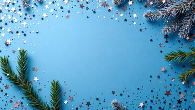 The primary subject of the image is a blue background with a pattern of stars and snowflakes. The setting is a blue wall with a pattern of stars and snowflakes. The visual style is a digital art or illustration. The dominant colors are blue and white, with a festive and joyful atmosphere.