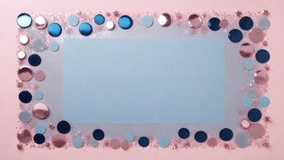 The primary subject of the image is a blue frame with a white background. The frame is decorated with a variety of circles, some of which are blue and some are pink. The circles are arranged in a pattern, creating a visually appealing design. The setting appears to be a pink background, which adds a warm and inviting atmosphere to the scene. The visual style of the image is a combination of digital art and illustration, as the circles are carefully arranged and the overall composition is well-executed. The colors and