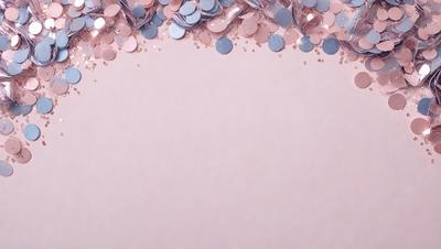The primary subject of the image is a pink background with a sprinkling of glittery pink and blue confetti. The setting is a white wall, and the visual style is a combination of photo and digital art. The colors and mood of the image are predominantly pink and light-hearted, creating a cheerful and playful atmosphere.
