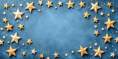 The primary subject of the image is a blue starry background with a large number of stars. The setting is a dark blue sky, and the visual style is a combination of a photo and digital art. The colors and mood of the image are predominantly dark and moody, with the stars providing a sense of depth and contrast.