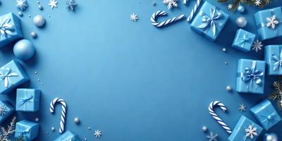 The primary subject of the image is a blue background with snowflakes and candy canes. The setting is a blue surface, and the visual style is a digital art or illustration. The dominant colors are blue and white, creating a calm and festive atmosphere.