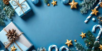 The primary subject of the image is a blue background with a star pattern. The setting is a holiday scene, featuring a blue table with a star-patterned tablecloth. The visual style is a combination of digital art and illustration, creating a festive and colorful atmosphere. The dominant colors are blue and gold, with the star pattern adding a touch of sparkle and warmth to the scene.