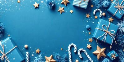 The primary subject of the image is a blue background with stars and snowflakes. The setting is a festive and colorful environment, likely for a holiday celebration. The visual style is a combination of digital art and illustration, creating a vibrant and lively atmosphere. The dominant colors are blue, white, and gold, with the stars and snowflakes adding a touch of festivity and joy to the scene.