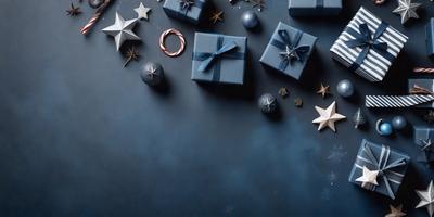 The primary subject of the image is a collection of wrapped gifts, which are arranged on a blue surface. The setting appears to be a festive occasion, possibly a Christmas celebration. The visual style of the image is a combination of photo and digital art, creating a unique and eye-catching presentation. The colors and mood of the image are predominantly blue and festive, with the wrapped gifts adding a sense of warmth and joy to the scene.