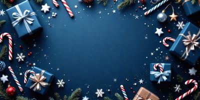 The primary subject of the image is a blue background with a star pattern. The setting is a festive holiday scene, featuring a candy cane, a bow, and a gift. The visual style is a combination of digital art and illustration, creating a vibrant and colorful atmosphere. The dominant colors are blue, white, and red, which contribute to a warm and joyful mood.