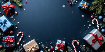 The primary subject of the image is a blue background with a star pattern. The setting is a holiday scene, featuring Christmas presents and ornaments. The visual style is a combination of digital art and illustration, creating a festive and joyful atmosphere. The dominant colors are blue, white, and red, which are associated with the holiday season.