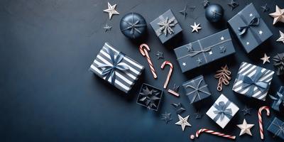 The primary subject of the image is a collection of Christmas presents, including a candy cane, a star, and a bow. The setting is a dark background, which contrasts with the bright colors of the presents. The visual style is a combination of photo and digital art, creating a festive and holiday atmosphere. The colors and mood are predominantly dark and moody, with the bright colors of the presents standing out against the dark background.