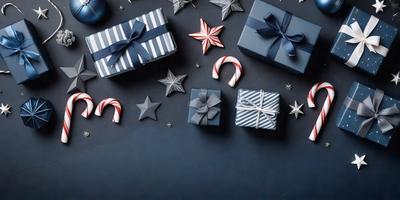 The primary subject of the image is a collection of wrapped Christmas presents. The presents are arranged on a dark blue surface, which adds a contrasting element to the scene. The visual style of the image is a combination of photo and digital art, creating a realistic yet artistic representation of the presents. The colors and mood of the image are predominantly dark, with the blue surface and the wrapped presents creating a sense of mystery and festivity.