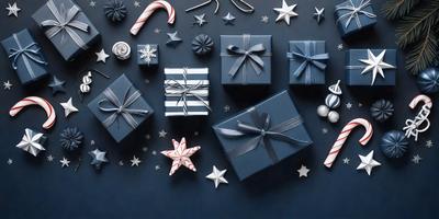 The primary subject of the image is a collection of wrapped presents. The presents are arranged in various positions, with some placed on a blue surface, possibly a table or a wall. The setting appears to be indoors, with the presents being the main focus of the scene. The visual style of the image is a combination of photo and digital art, creating a realistic yet artistic representation of the presents. The colors and mood of the image are predominantly blue, giving it a calm and festive atmosphere.