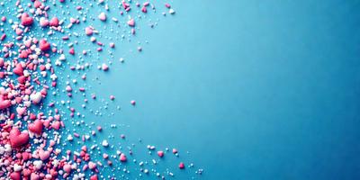 The primary subject of the image is a close-up of a blue background with a pattern of pink hearts. The setting is a blue wall, and the visual style is a digital art or illustration. The dominant colors are blue and pink, creating a warm and inviting atmosphere.