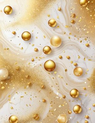 The primary subject of the image is a collection of gold and white balls, which are scattered across a white marble surface. The setting appears to be a white marble countertop, and the visual style is a combination of photo and digital art. The dominant colors in the image are gold and white, creating a warm and elegant atmosphere.
