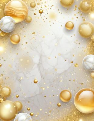 The primary subject of the image is a white marble surface with gold and white balls scattered across it. The setting is a white background, and the visual style appears to be a combination of photo and digital art. The dominant colors are white and gold, creating a luxurious and elegant atmosphere.