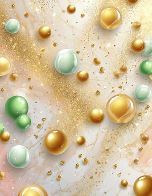 The primary subject of the image is a close-up of a gold and white marbled surface, which appears to be a painting or digital art. The setting is a white background, and the visual style is a combination of photo and digital art. The colors and mood of the image are predominantly gold and white, creating a warm and elegant atmosphere.