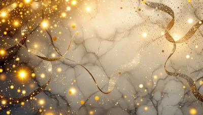 The primary subject of the image is a marble surface with gold glittering on it. The setting is a white marble wall, and the visual style is a combination of a photo and digital art. The colors and mood of the image are predominantly gold and glittery, creating a warm and luxurious atmosphere.
