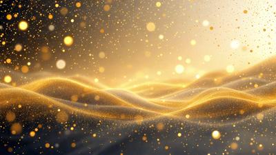 The primary subject of the image is a swirling, golden, and sparkling pattern. The setting is a dark background, which contrasts with the bright and shiny pattern. The visual style is a combination of digital art and illustration, creating a dynamic and eye-catching effect. The colors and mood are predominantly golden and sparkling, evoking a sense of warmth and energy.