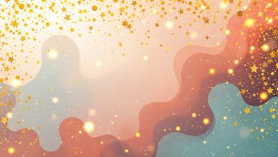The primary subject of the image is a colorful, swirling pattern of stars and gold. The setting is a bright, colorful background that complements the vibrant colors of the stars and gold. The visual style is a combination of digital art and illustration, creating a dynamic and eye-catching design. The colors and mood of the image are lively and energetic, with the gold and stars creating a sense of movement and excitement.