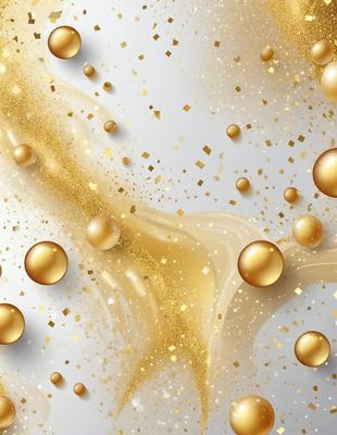 The primary subject of the image is a close-up of gold glitter, which is the main focus of the image. The setting is a white background, which provides a clean and uncluttered environment for the glitter to stand out. The visual style is a combination of a photo and digital art, as the glitter appears to be a digital creation, but the close-up effect gives it a more realistic appearance. The colors and mood of the image are predominantly gold and glittery, creating a warm and