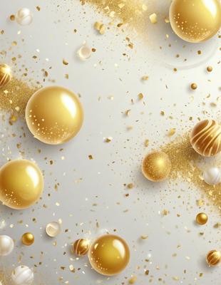 The primary subject of the image is a collection of gold and white balls, which are scattered across a white background. The setting appears to be a studio or a controlled environment, as the balls are arranged in a visually appealing manner. The visual style of the image is a combination of photo and digital art, creating a unique and eye-catching display. The dominant colors in the image are gold and white, giving it a warm and elegant atmosphere.